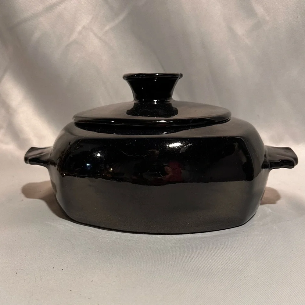 Vintage Frankoma Pottery Gloss Black Ceramic Casserole Dish Art Deco